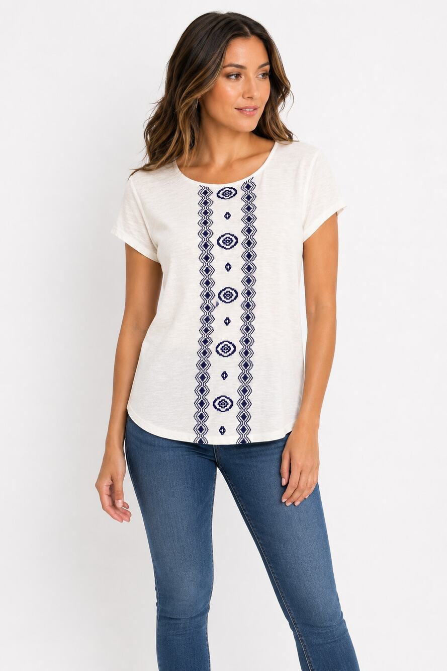 LR4006 Cynthia Rowley White Blue Embroidered Knit Tee Top Medium Boho Casual